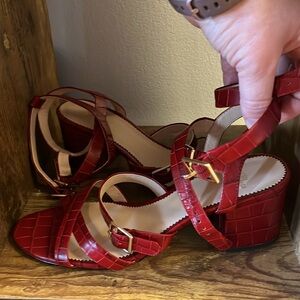 J. Crew EUC red leather croc strappy chunky mid heeled sandals